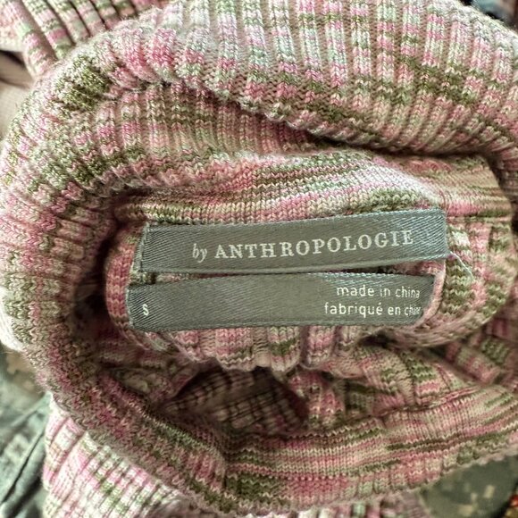 Anthropologie Pink & Gray Patterned Ribbed Turtleneck Small Sweater Button Cuffs - Picture 9 of 11